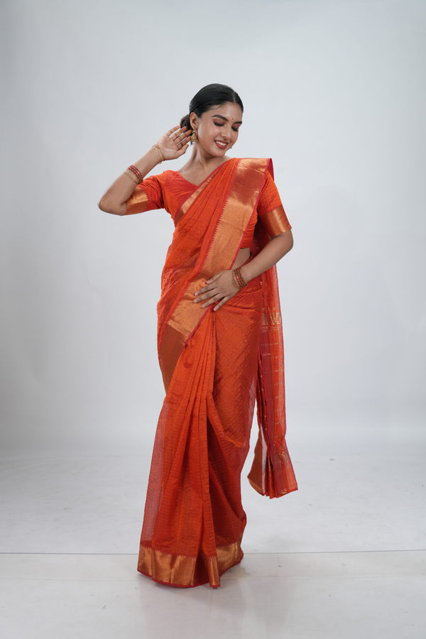 Vermillion Orange Mangalgiri Silk Saree image 0