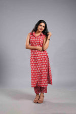 Crimson Leaf Sanganeri Sleeveless Kurta Set image 0