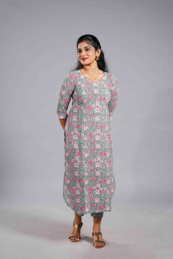 Mint Sanganeri Floral Kurta Set image 0